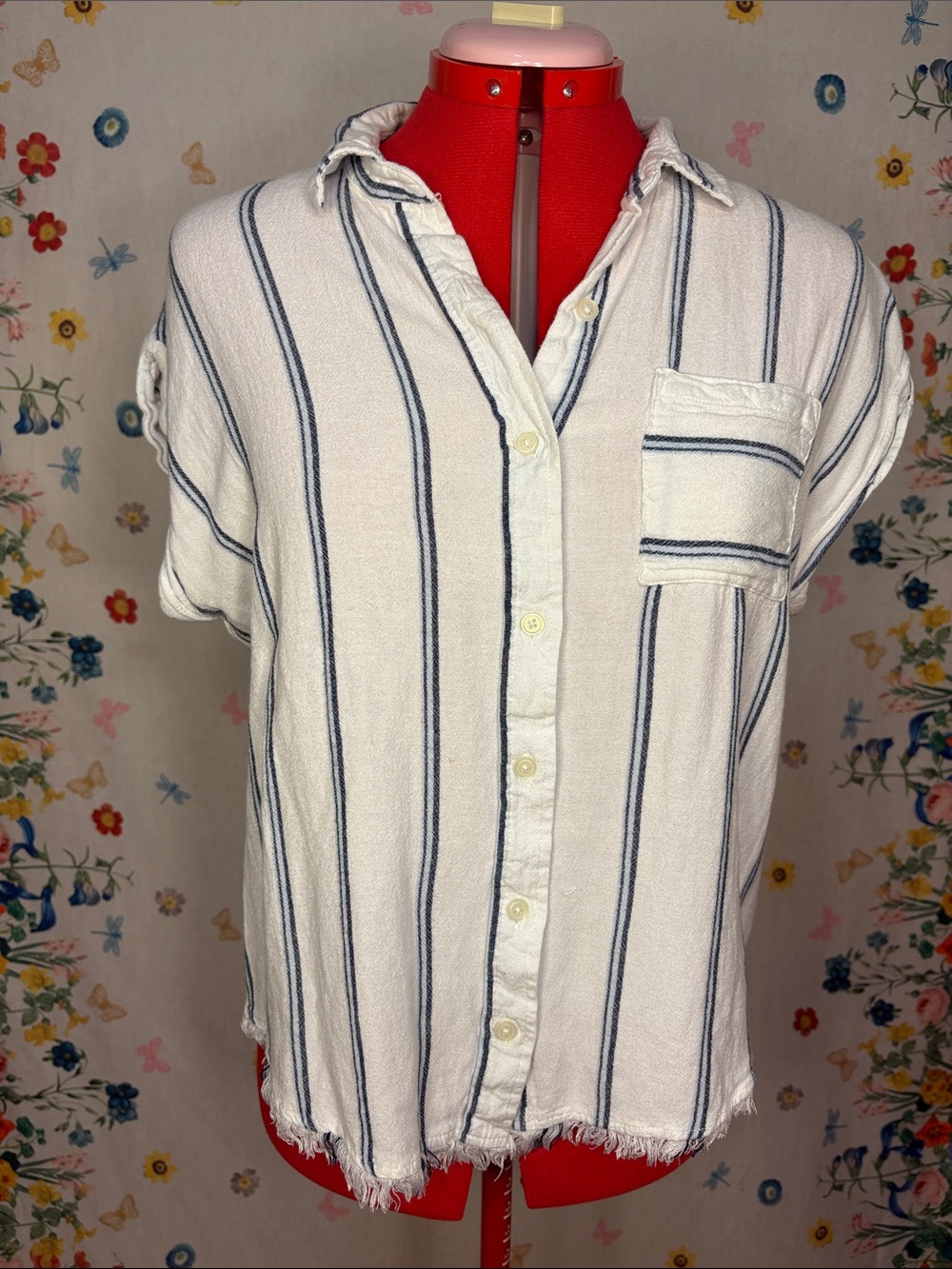 Thread & Supply - Classic White Shirt with Navy Vertical Stripes w/ Fray Hem